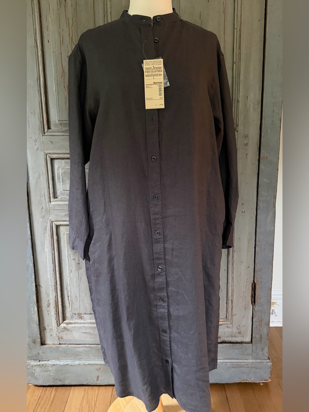 NWT Muji Womens Charcoal Button-Front Long Shirt Dress